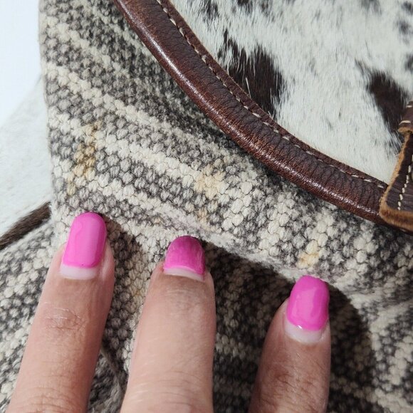 Myra Bag Brown Canvas Flap Messenger Backpack Cow Print Western Woven - Picture 13 of 16